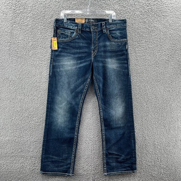 New Silver Gordie Jeans Men 34 X 30 Blue Stretch Denim Heavy Stitching Loose Fit
